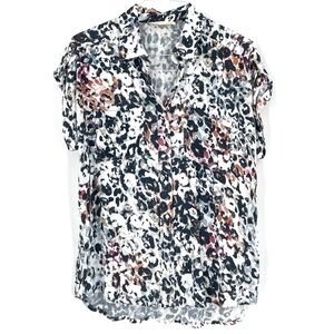 Love Stitch Multicolor Animal Print Rolled Short Sleeve Button Up Shirt Top